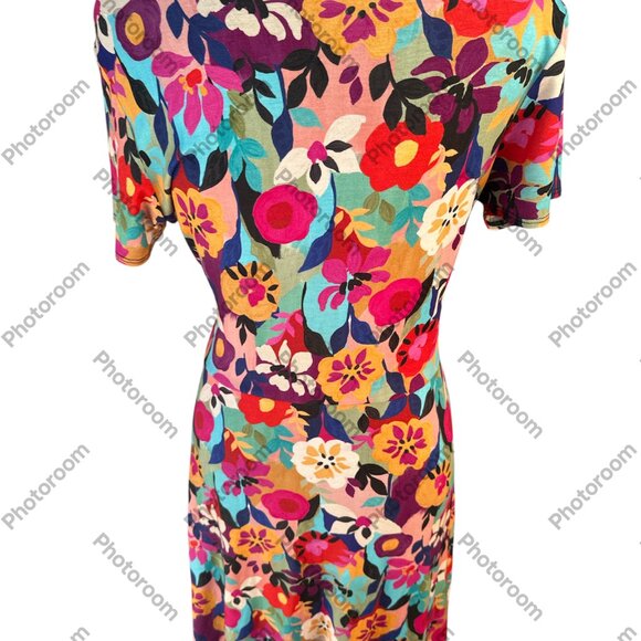 Salaam Medium Multicolor Floral Faux Wrap Side Tie Short Sleeve Dress - Picture 2 of 6